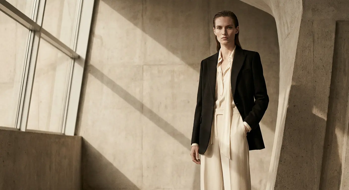 Editorial portrait of a woman in cream silk and tailored black against a sunlit concrete interior — visual register for LMA, a strategy consulting practice for premium consumer brands.