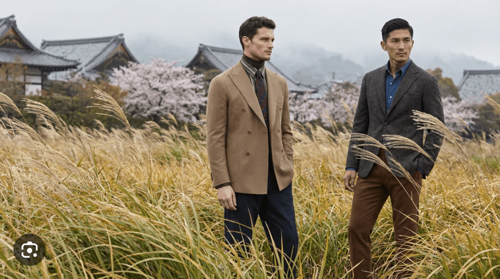Two men in tailored jackets standing in a field of tall susuki grass with traditional Japanese architecture and cherry blossoms in the background — editorial register for LMA's Brand Distribution consulting work serving premium menswear and considered fashion categories